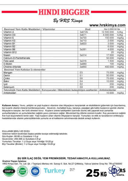 Hindibigger Hindi Palazlarının Gelişimi Hindi Büyütme Hindi Vitamin Mineral 25 kg fiyatları