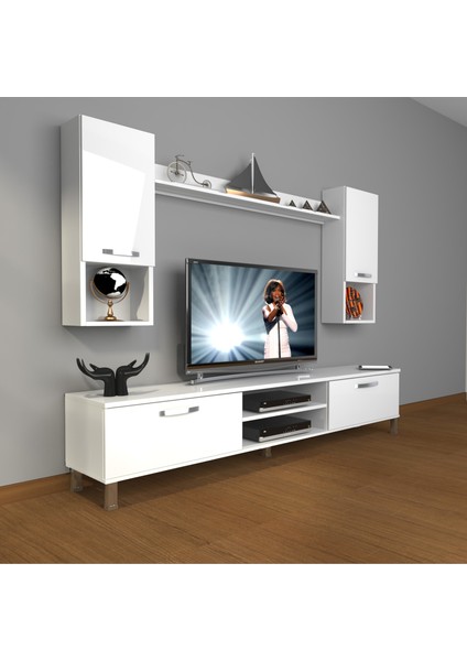 Eko 5da Mdf DVD Krom Ayaklı Tv Ünitesi Tv Sehpası Parlak Beyaz