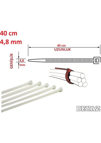 Plastik Cırt Kelepçe Kablo Bağı 40CM x 4,8mm (20 Adet) Saydam-Beyaz