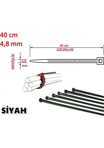 Plastik Cırt Kelepçe Kablo Bağı 40CM x 4,8mm (20 Adet) Siyah