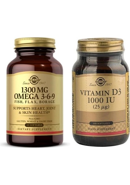 Efa 1300 Mg Omega 3-6-9 60 Softgel+Solgar Vitamin D3 1000 Iu 100 Tablet
