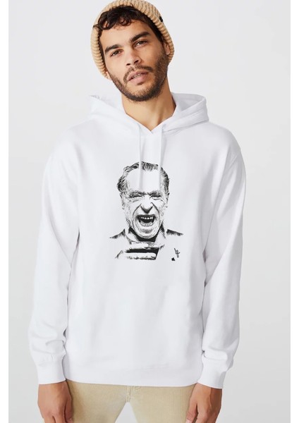 Charles Bukowski Baskılı Beyaz Erkek Örme Kapşonlu Sweatshirt Uzun Kol