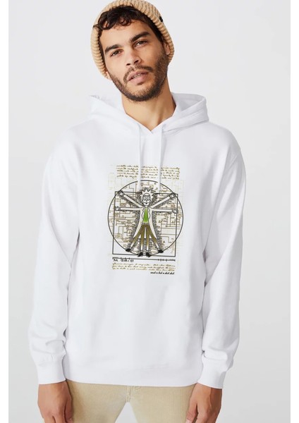 Rick Darvin Anatomi Baskılı Beyaz Erkek Örme Kapşonlu Sweatshirt Uzun Kol