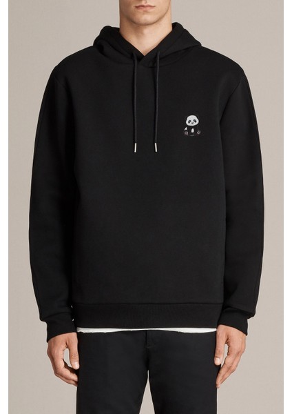 Panda Göğüs Baskılı Siyah Erkek Örme Kapşonlu Sweatshirt Uzun Kol