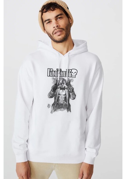 The Punisher Frank Castle Baskılı Beyaz Erkek Örme Kapşonlu Sweatshirt Uzun Kol