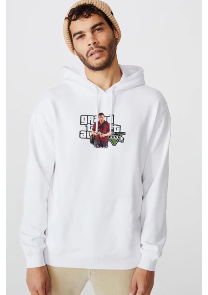 Gta V Michael De Santa Baskılı Beyaz Erkek Örme Kapşonlu Sweatshirt Uzun Kol