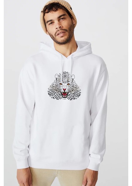 Kaplan Baskılı Beyaz Erkek Örme Kapşonlu Sweatshirt Uzun Kol