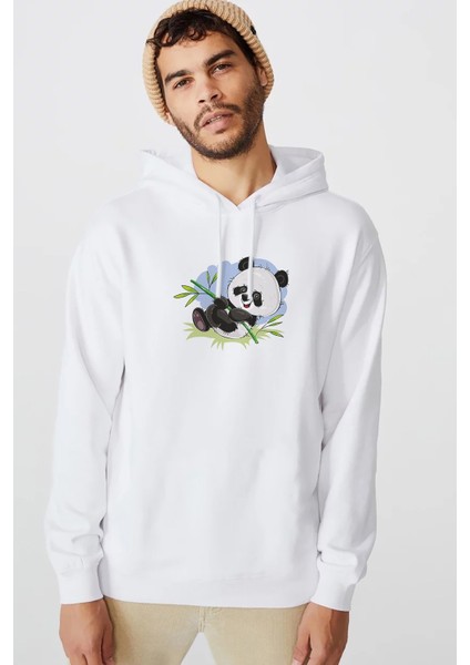 Panda Baskılı Beyaz Erkek Örme Kapşonlu Sweatshirt Uzun Kol