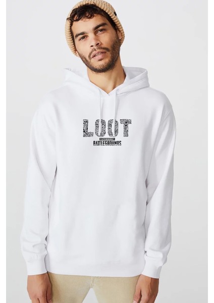 Pubg Loot Beyaz Baskılı Beyaz Erkek Örme Kapşonlu Sweatshirt Uzun Kol