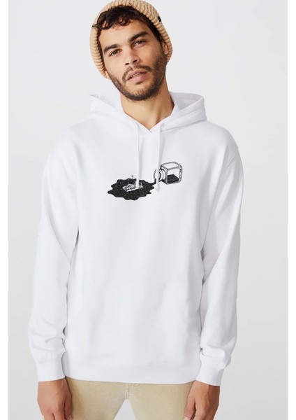 Astronot Mürekkepde Güneşlenen Astronot Baskılı Beyaz Erkek Örme Kapşonlu Sweatshirt Uzun Kol