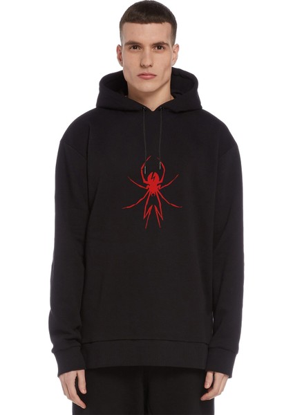 Red Spider Kırmızı Örümcek Baskılı Siyah Erkek Örme Kapşonlu Sweatshirt Uzun Kol