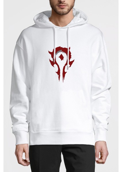 Horde Logo Baskılı Beyaz Erkek Örme Kapşonlu Sweatshirt Uzun Kol