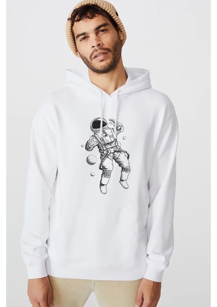 Astronot Uzay Gezintisi Baskılı Beyaz Erkek Örme Kapşonlu Sweatshirt Uzun Kol