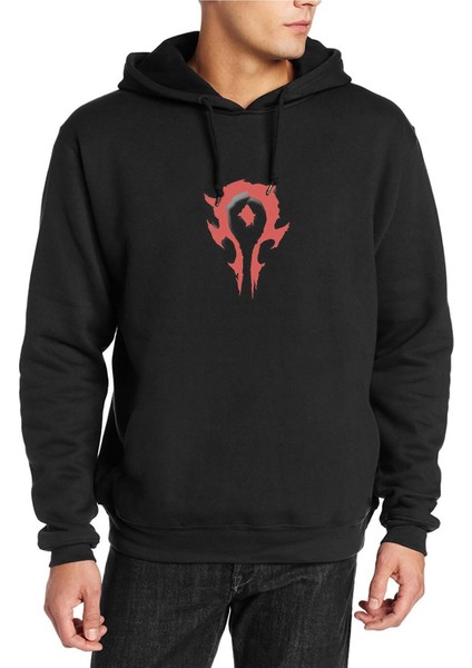Horde Logo Baskılı Siyah Erkek Örme Kapşonlu Sweatshirt Uzun Kol