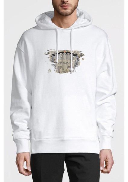 LED Zeppelin Baskılı Beyaz Erkek Örme Kapşonlu Sweatshirt Uzun Kol