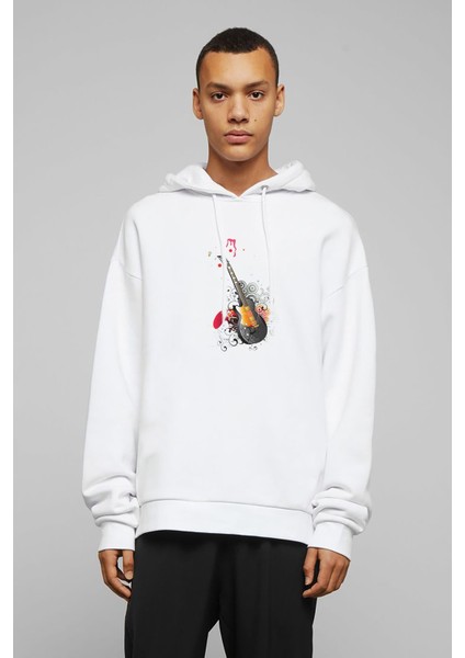 Gitar Art Baskılı Beyaz Erkek Örme Kapşonlu Sweatshirt Uzun Kol