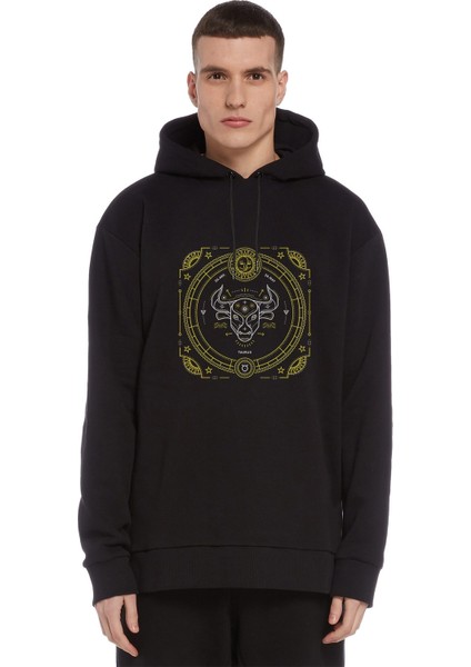 Burç Boğa Taurus Baskılı Siyah Erkek Örme Kapşonlu Sweatshirt Uzun Kol