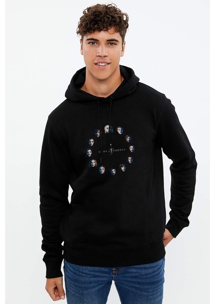 Game Of Thrones Baskılı Siyah Erkek Örme Kapşonlu Sweatshirt Uzun Kol