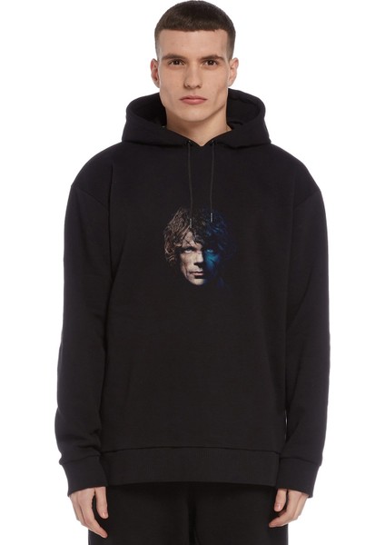 Got Lannister Baskılı Siyah Erkek Örme Kapşonlu Sweatshirt Uzun Kol