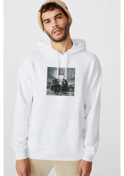 Bad Meets Evil Ep Cover Bad Baskılı Beyaz Erkek Örme Kapşonlu Sweatshirt Uzun Kol