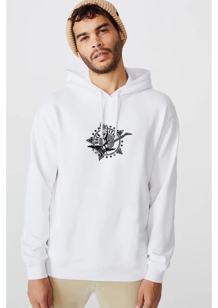 Rock Star Metal Rock Baskılı Beyaz Erkek Örme Kapşonlu Sweatshirt Uzun Kol