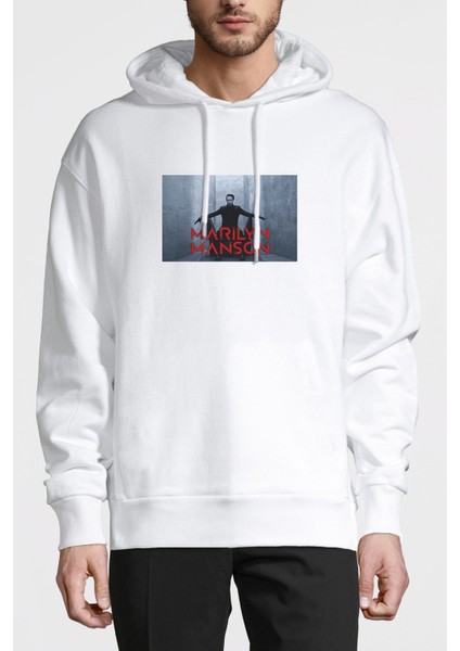 Marilyn Manson Metal Rock Music Müzik Baskılı Beyaz Erkek Örme Kapşonlu Sweatshirt Uzun Kol