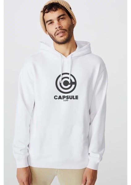 Capsule Corp Baskılı Beyaz Erkek Örme Kapşonlu Sweatshirt Uzun Kol