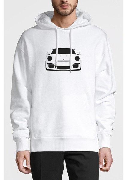 Porsche Baskılı Beyaz Erkek Örme Kapşonlu Sweatshirt Uzun Kol