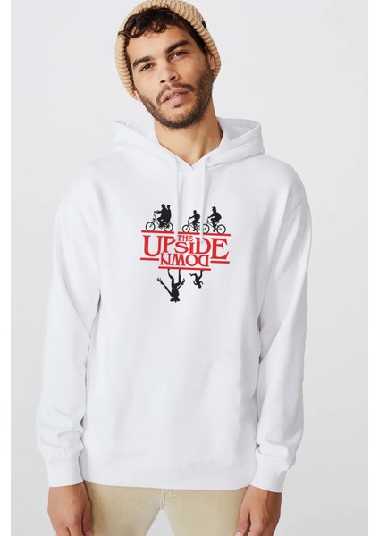 Stranger Things The Upside Down Baskılı Beyaz Erkek Örme Kapşonlu Sweatshirt Uzun Kol