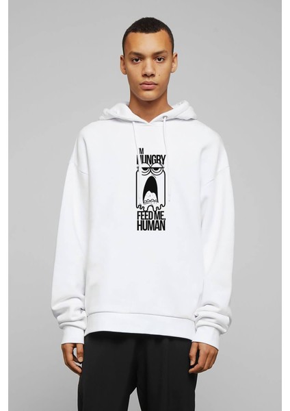 I'm Hungry Baskılı Beyaz Erkek Örme Kapşonlu Sweatshirt Uzun Kol