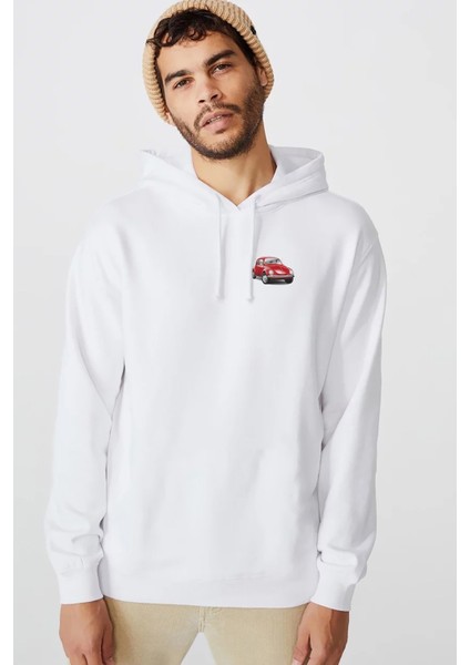 Kırmızı Araba Tosbağa Baskılı Beyaz Erkek Örme Kapşonlu Sweatshirt Uzun Kol