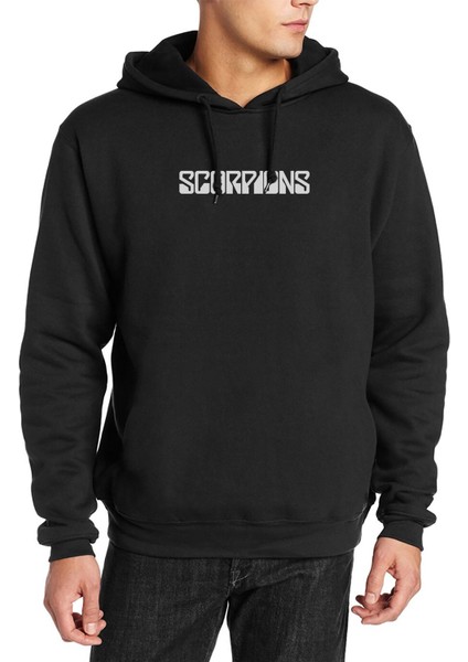 Scorpions Band Baskılı Siyah Erkek Örme Kapşonlu Sweatshirt Uzun Kol
