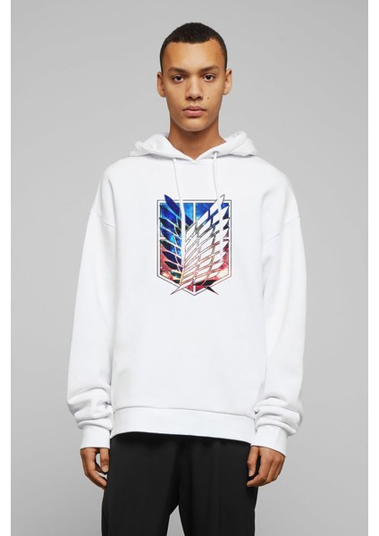 Anime Attack On Titan Baskılı Beyaz Erkek Örme Kapşonlu Sweatshirt Uzun Kol