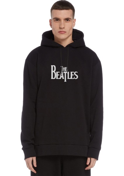 The Beatles Baskılı Siyah Erkek Örme Kapşonlu Sweatshirt Uzun Kol