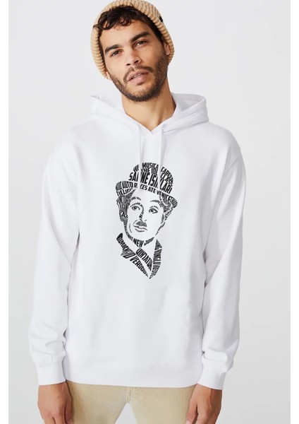 Charlie Chaplin Tipografi Baskılı Beyaz Erkek Örme Kapşonlu Sweatshirt Uzun Kol