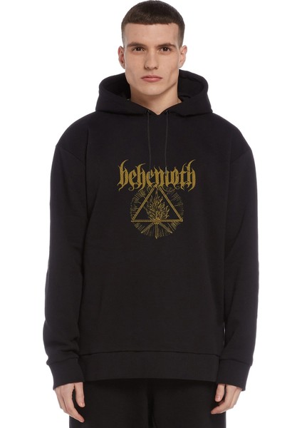 Behemoth Logo Baskılı Siyah Erkek Örme Kapşonlu Sweatshirt Uzun Kol