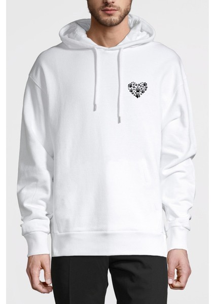Kalp Baskılı Beyaz Erkek Örme Kapşonlu Sweatshirt Uzun Kol