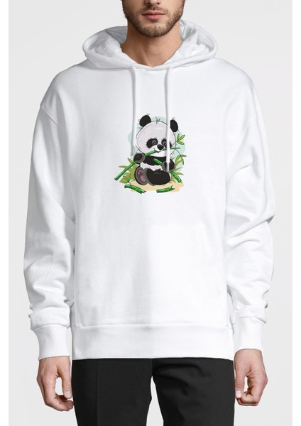 Panda Baskılı Beyaz Erkek Örme Kapşonlu Sweatshirt Uzun Kol