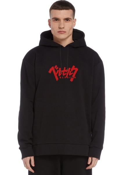 Berserk Mark Logo Baskılı Siyah Erkek Örme Kapşonlu Sweatshirt Uzun Kol