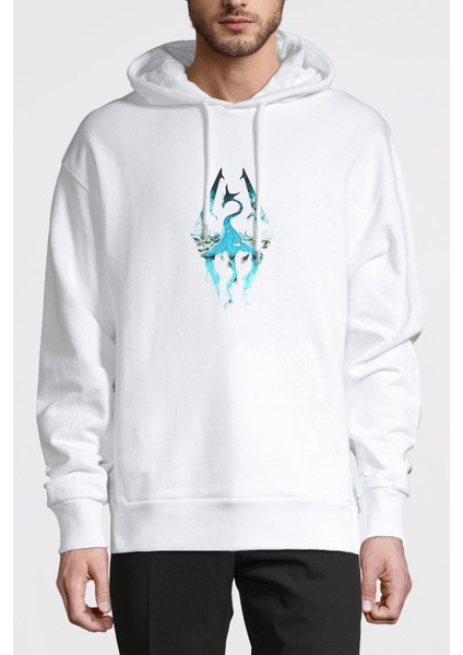 Minimalism Skyrim Background Metal Rock Music Baskılı Beyaz Erkek Örme Kapşonlu Sweatshirt Uzun Kol