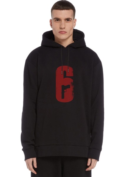 Rainbow Six 6 Baskılı Siyah Erkek Örme Kapşonlu Sweatshirt Uzun Kol