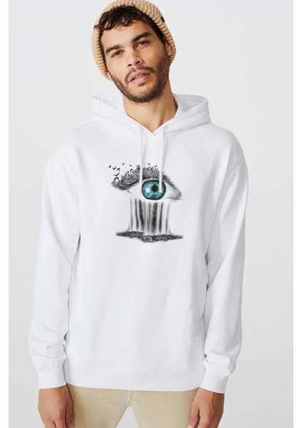 Mother Earth Save Mother Eyes Baskılı Beyaz Erkek Örme Kapşonlu Sweatshirt Uzun Kol