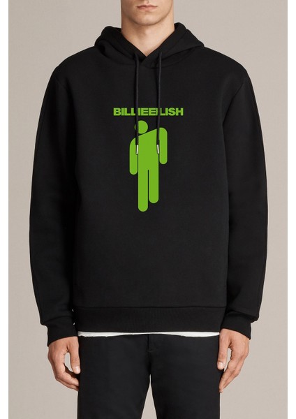 Billie Eilish Baskılı Siyah Erkek Örme Kapşonlu Sweatshirt Uzun Kol