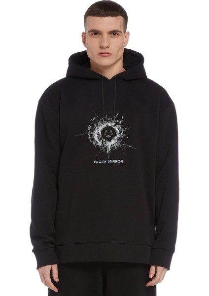 Black Mirror Baskılı Siyah Erkek Örme Kapşonlu Sweatshirt Uzun Kol