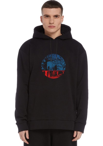 Stranger Things The Upside Down Baskılı Siyah Erkek Örme Kapşonlu Sweatshirt Uzun Kol