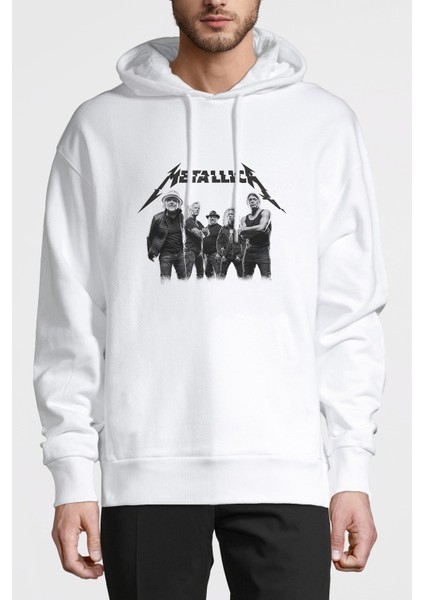 Metallica Grup Baskılı Beyaz Erkek Örme Kapşonlu Sweatshirt Uzun Kol