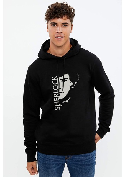 Sherlock Sherlock & Face Baskılı Siyah Erkek Örme Kapşonlu Sweatshirt Uzun Kol