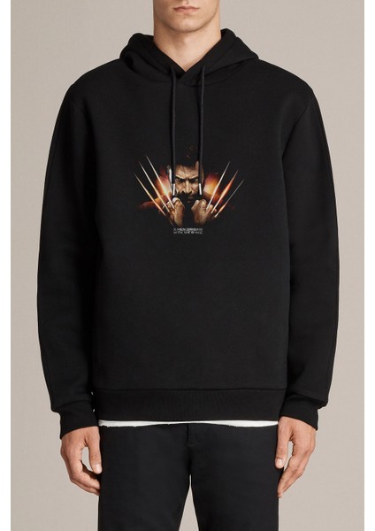 x Man Baskılı Siyah Erkek Örme Kapşonlu Sweatshirt Uzun Kol