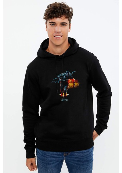 4 Savaş Alanı 3 Savaş Alanı Baskılı Siyah Erkek Örme Kapşonlu Sweatshirt Uzun Kol