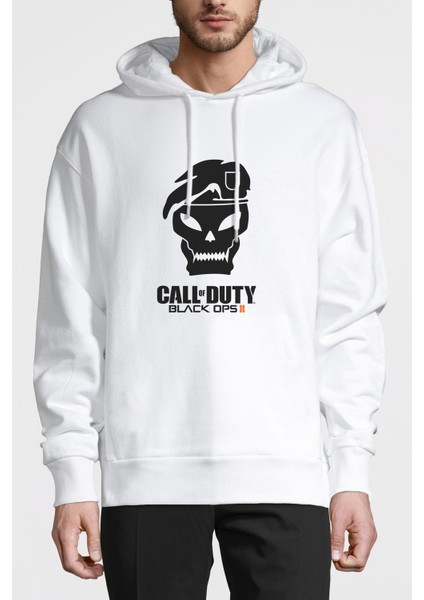 Call Of Duty4 Baskılı Beyaz Erkek Örme Kapşonlu Sweatshirt Uzun Kol